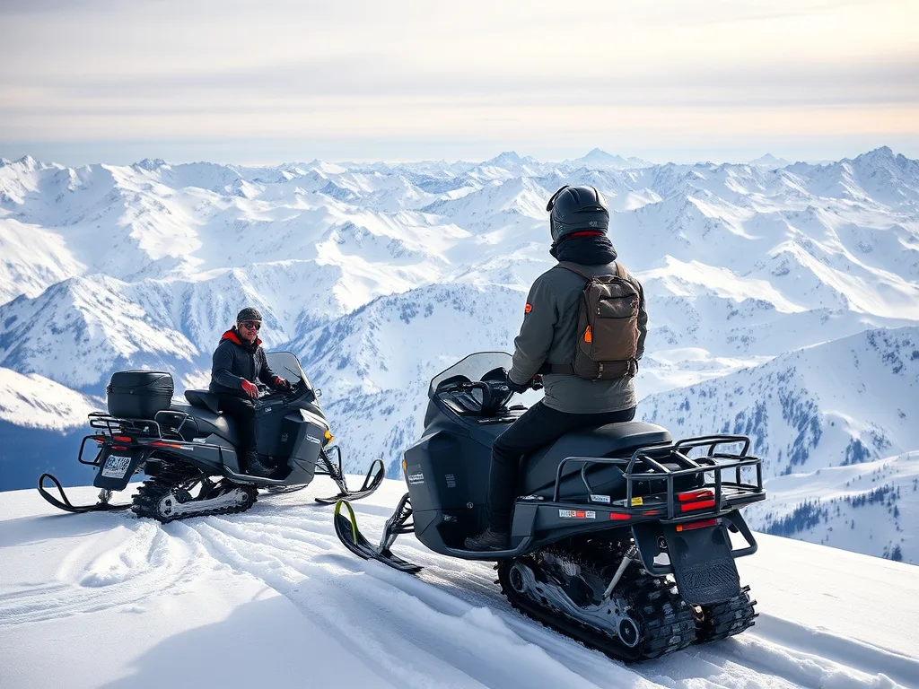 Backcountry snowmobile guide stopped on a high alpine ridge overlooking a snowy mountain range