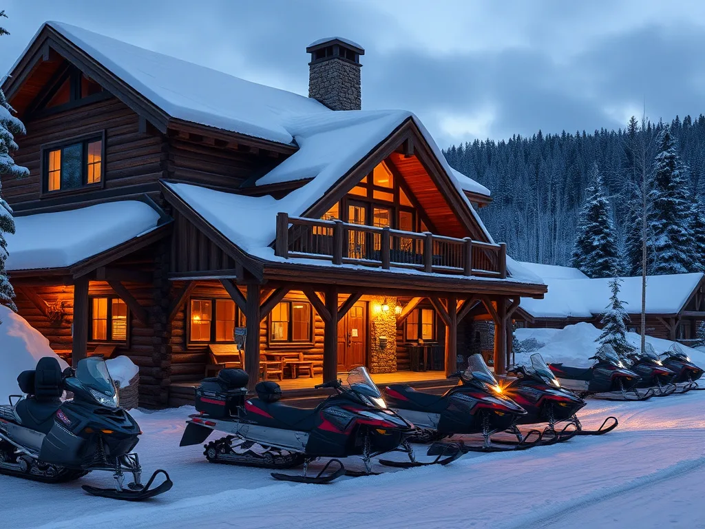 Rustic timber mountain lodge base station for a snowmobile tour operator in winter at dusk