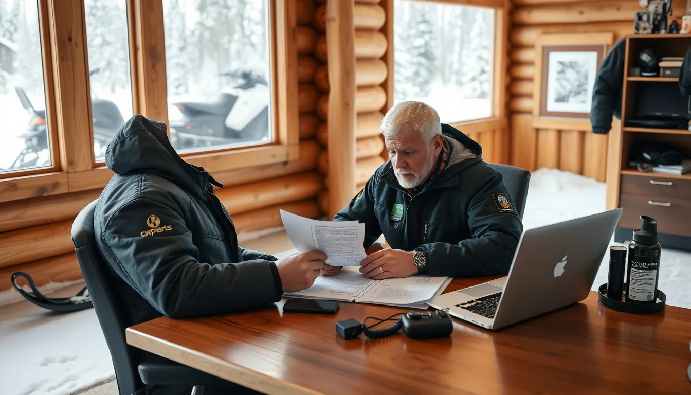Snowmobile tour operator reviewing insurance paperwork and a laptop at a wooden lodge desk