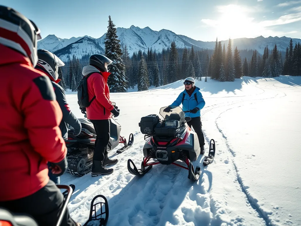 Snowmobile tour guide giving a safety briefing to a group of riders on a marked trail in the snow