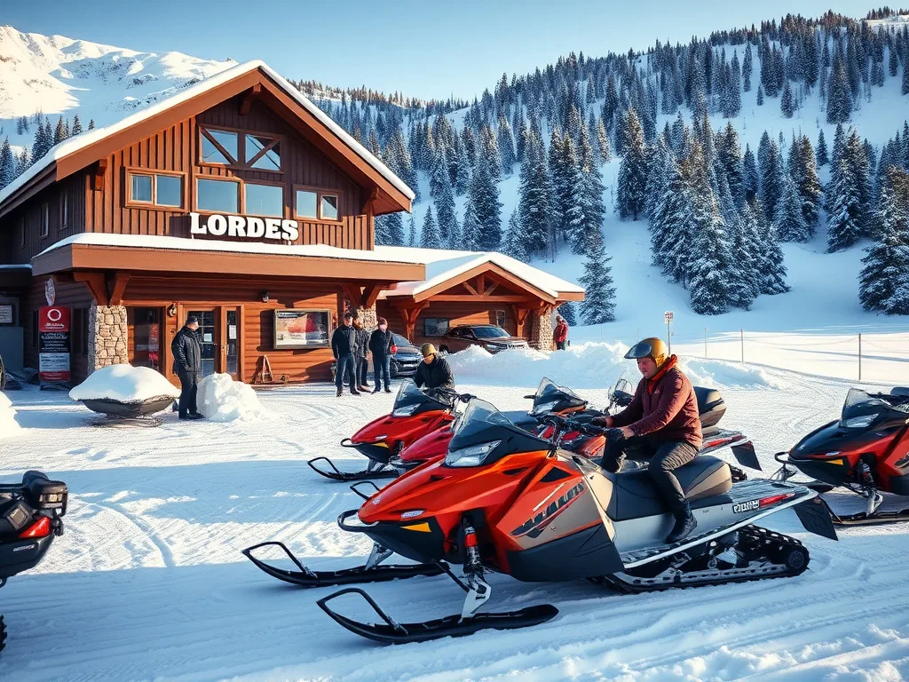 New snowmobile tour operation base with sleds and signage at a snowy mountain lodge in the morning