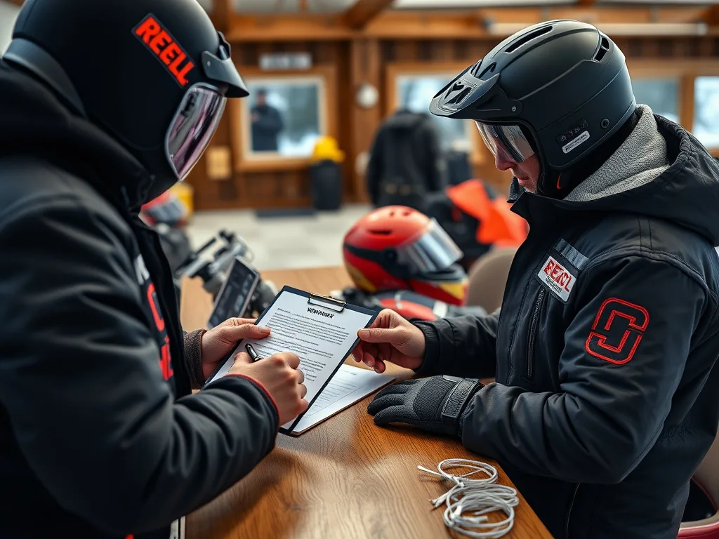 Rider signing a clipboard liability waiver at a snowmobile tour check-in desk with gear in the background