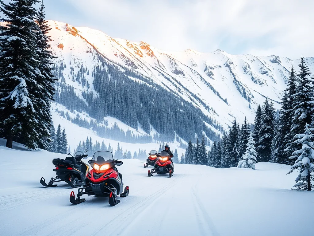 Snowmobiles on a snowy backcountry trail near steep alpine terrain illustrating winter risk