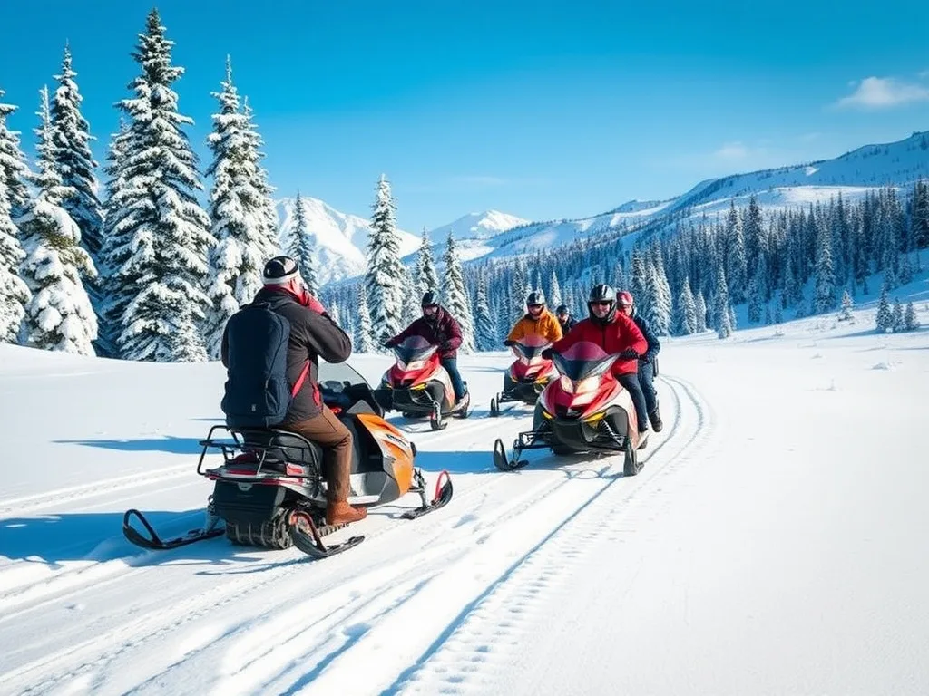 Professional snowmobile tour guide leading a group of riders across a snowy mountain meadow