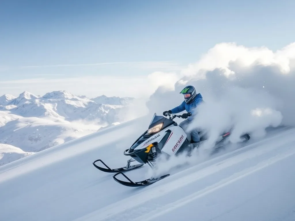 Snowmobile carving through fresh deep powder snow spraying up on an open mountain slope