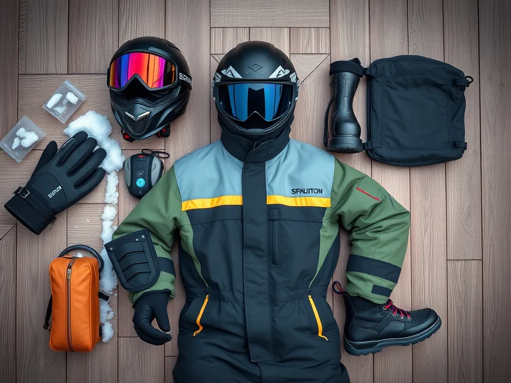 Snowmobile riding and safety gear laid out on wood: helmet, goggles, gloves, avalanche beacon, and insulated suit