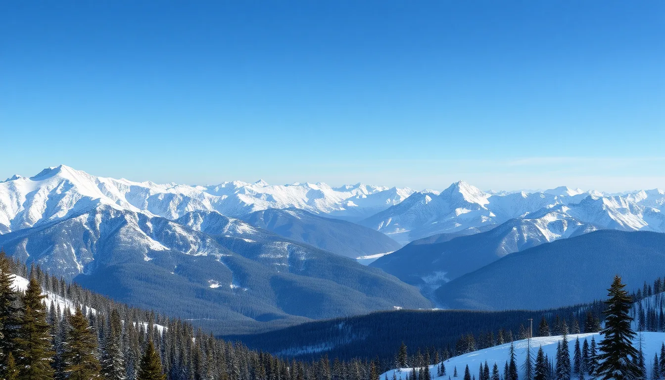 Vast snow-covered mountain peaks and evergreen forest under a clear winter sky