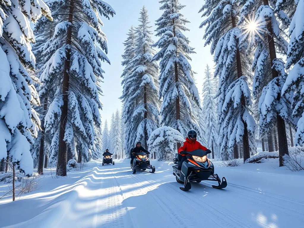 Snowmobilers riding a groomed forest trail through tall snow-laden pine trees on a bright winter day