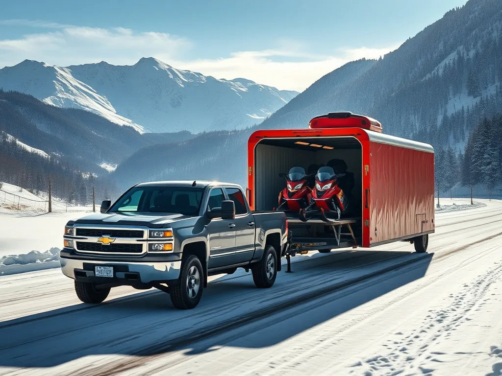 Pickup truck towing an enclosed trailer loaded with snowmobiles on a snowy mountain highway